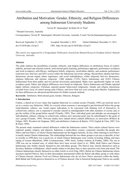 Attribution and Motivation: Gender, Ethnicity, and Religion Differences Among Indonesian University Students