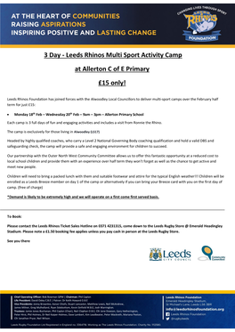 3 Day - Leeds Rhinos Multi Sport Activity Camp at Allerton C of E Primary £15 Only!