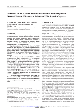 Introduction of Human Telomerase Reverse Transcriptase to Normal Human Fibroblasts Enhances DNA Repair Capacity