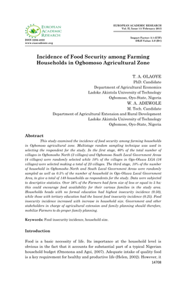 Incidence of Food Security Among Farming Households in Ogbomoso Agricultural Zone