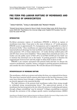 Pre-Term Pre-Labour Rupture of Membranes and the Role of Amniocentesis