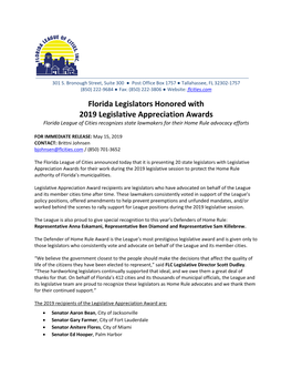 Florida Legislators Honored with 2019 Legislative Appreciation Awards Florida League of Cities Recognizes State Lawmakers for Their Home Rule Advocacy Efforts