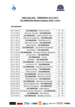 XXXII LIGA ACB - TEMPORADA 2014/2015 CAI ZARAGOZA (Basket Zaragoza 2002, S.A.D.)