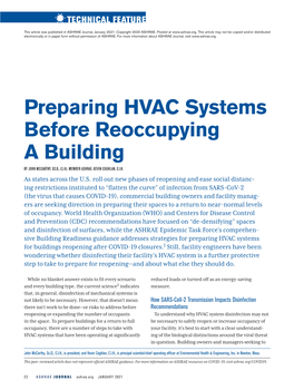 Preparing HVAC Systems Before Reoccupying a Building by JOHN MCCARTHY, SC.D., C.I.H., MEMBER ASHRAE; KEVIN COGHLAN, C.I.H