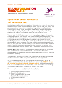 Update on Cornish Foodbanks 20Th November 2020