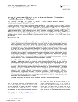 Diversity of Commensals Within Nests of Ants of the Genus Neoponera (Hymenoptera: Formicidae: Ponerinae) in Bahia, Brazil Erica S