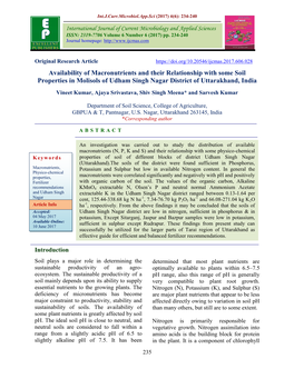 Availability of Macronutrients and Their Relationship with Some Soil Properties in Molisols of Udham Singh Nagar District of Uttarakhand, India
