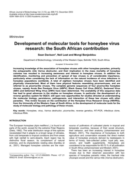 Development of Molecular Tools for Honeybee Virus Research: the South African Contribution