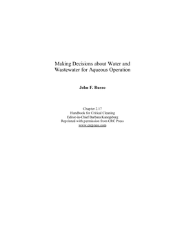 Making Decisions About Water and Wastewater for Aqueous Operation