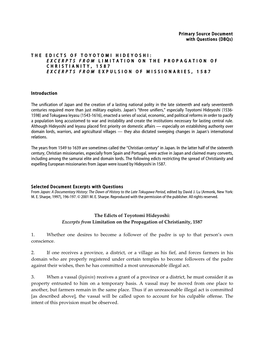 The Edicts of Toyotomi Hideyoshi: Excerpts from Limitation on the Propagation of Christianity, 1587 Excerpts from Expulsion of Missionaries, 1587