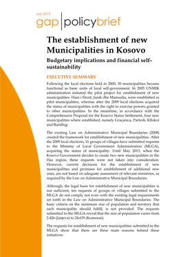 The Establishment of New Municipalities in Kosovo Budgetary Implications and Financial Self- Sustainability