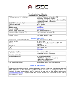 Polytechnic Institute of Coimbra Coimbra Institute of Engineering Full Legal Name of the Institution Instituto Politécnico De