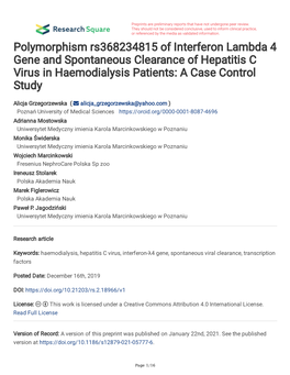 Polymorphism Rs368234815 of Interferon Lambda 4 Gene and Spontaneous Clearance of Hepatitis C Virus in Haemodialysis Patients: a Case Control Study