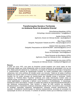 Transformações Sociais E Territoriais No Ambiente Rural Da Amazônia Oriental