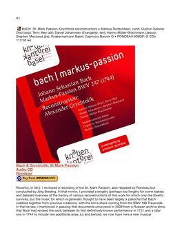 Bach & Grychtolik: St Mark Passion Audio CD Rondeau
