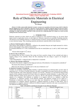 Role of Dielectric Materials in Electrical Engineering B D Bhagat