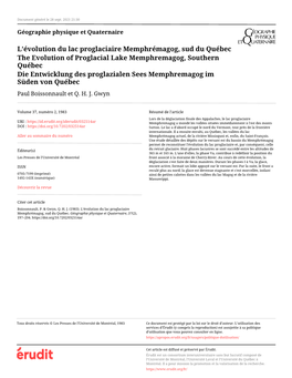 L'évolution Du Lac Proglaciaire Memphrémagog, Sud Du Québec