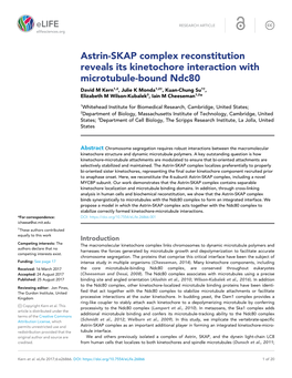 Astrin-SKAP Complex Reconstitution Reveals Its Kinetochore