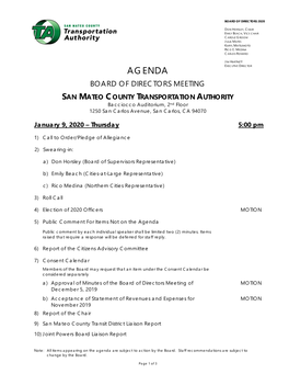 AGENDA BOARD of DIRECTORS MEETING SAN MATEO COUNTY TRANSPORTATION AUTHORITY Bacciocco Auditorium, 2Nd Floor 1250 San Carlos Avenue, San Carlos, CA 94070