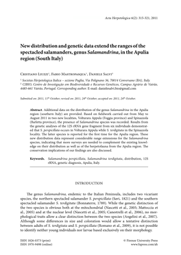 New Distribution and Genetic Data Extend the Ranges of the Spectacled Salamanders, Genus Salamandrina, in the Apulia Region (South Italy)