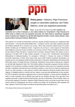 Vaticano, Papa Francesco Sceglie Un Sacerdote Calabrese, Don Fabio Salerno, Come Suo Segretario Personale
