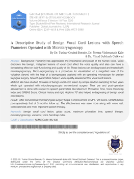 A Descriptive Study of Benign Vocal Cord Lesions with Speech Prameters Operated with Microlaryngoscopy by Dr