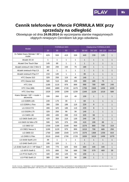 Cennik Telefonów W Ofercie FORMUŁA MIX Przy Sprzedaży Na