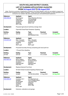 SOUTH HOLLAND DISTRICT COUNCIL LIST of PLANNING APPLICATIONS VALIDATED from 3Rd August 2020 to 9Th August 2020