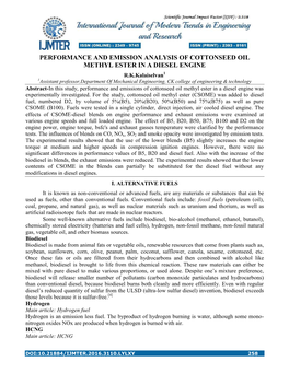 Performance and Emission Analysis of Cottonseed Oil Methyl Ester in a Diesel Engine