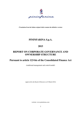 PININFARINA S.P.A. 2015 REPORT on CORPORATE GOVERNANCE