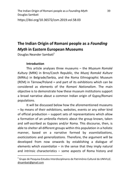 The Indian Origin of Romani People As a Founding Myth in Eastern European Museums Douglas Neander Sambati1