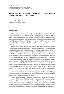 Sufism and Sufi Practices in Pakistan: a Case Study of 'Notan Wali Sarkar'