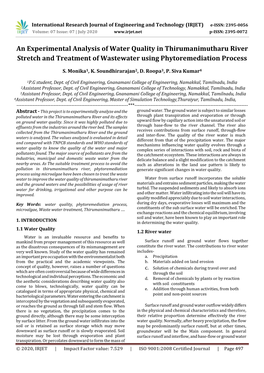 An Experimental Analysis of Water Quality in Thirumanimutharu River Stretch and Treatment of Wastewater Using Phytoremediation Process