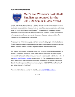 Men's and Women's Basketball Finalists Announced for the 2019