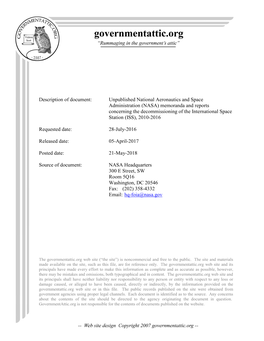 NASA) Memoranda and Reports Concerning the Decommissioning of the International Space Station (ISS), 2010-2016