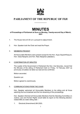 MINUTES of Proceedings of Parliament at Suva on Monday, Twenty-Second Day of March, 2021