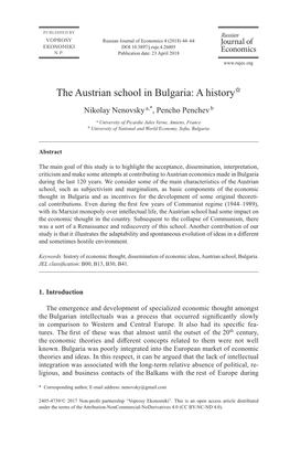 The Austrian School in Bulgaria: a History✩ Nikolay Nenovsky A,*, Pencho Penchev B