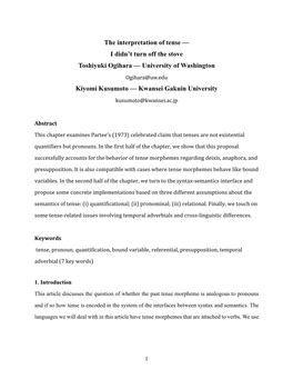 The Interpretation of Tense — I Didn't Turn Off the Stove Toshiyuki Ogihara