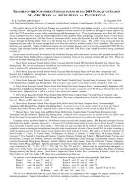 Transits of the Northwest Passage to End of the 2019 Navigation Season Atlantic Ocean ↔ Arctic Ocean ↔ Pacific Ocean