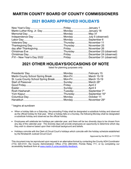 2021 Board Approved Holidays
