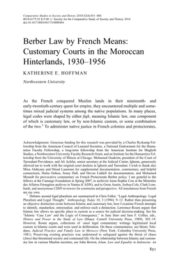 Berber Law by French Means: Customary Courts in the Moroccan Hinterlands, 1930–1956