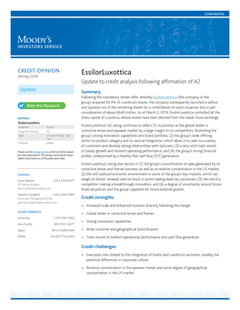 Essilorluxottica 28 May 2019 Update to Credit Analysis Following Affirmation of A2