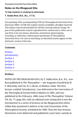 Notes on the Bhagavad Gita to Help Students in Studying Its Philosophy T