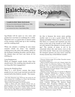 Wedding Customs „ All Piskei Horav Yisroel Belsky Shlita Are Reviewed by Horav Yisroel Belsky Shlita