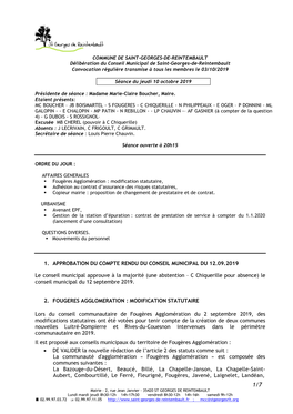 1. APPROBATION DU COMPTE RENDU DU CONSEIL MUNICIPAL DU 12.09.2019 Le