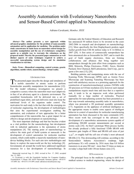 Assembly Automation with Evolutionary Nanorobots and Sensor-Based Control Applied to Nanomedicine