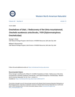 Oreohelices of Utah, I. Rediscovery of the Uinta Mountainsnail, Oreohelix Eurekensis Uinta Brooks, 1939 (Stylommatophora: Oreohelicidae)