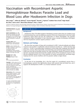 Vaccination with Recombinant Aspartic Hemoglobinase Reduces Parasitic Load and Blood Loss After Hookworm Infection in Dogs