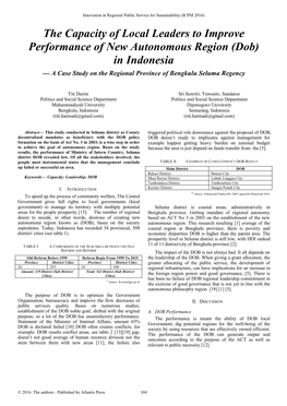 (Dob) in Indonesia --- a Case Study on the Regional Province of Bengkulu Seluma Regency