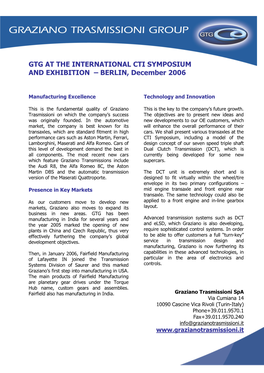 GTG at the INTERNATIONAL CTI SYMPOSIUM and EXHIBITION – BERLIN, December 2006